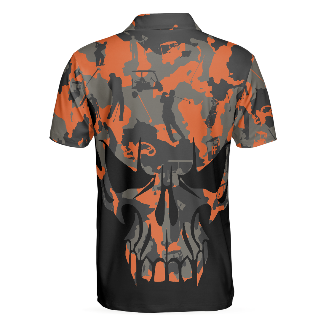 Orange Camouflage Golf Set Skull Golf Polo Shirt Golfer Silhouette Pattern Polo Shirt Camo Golf Shirt For Men - 1