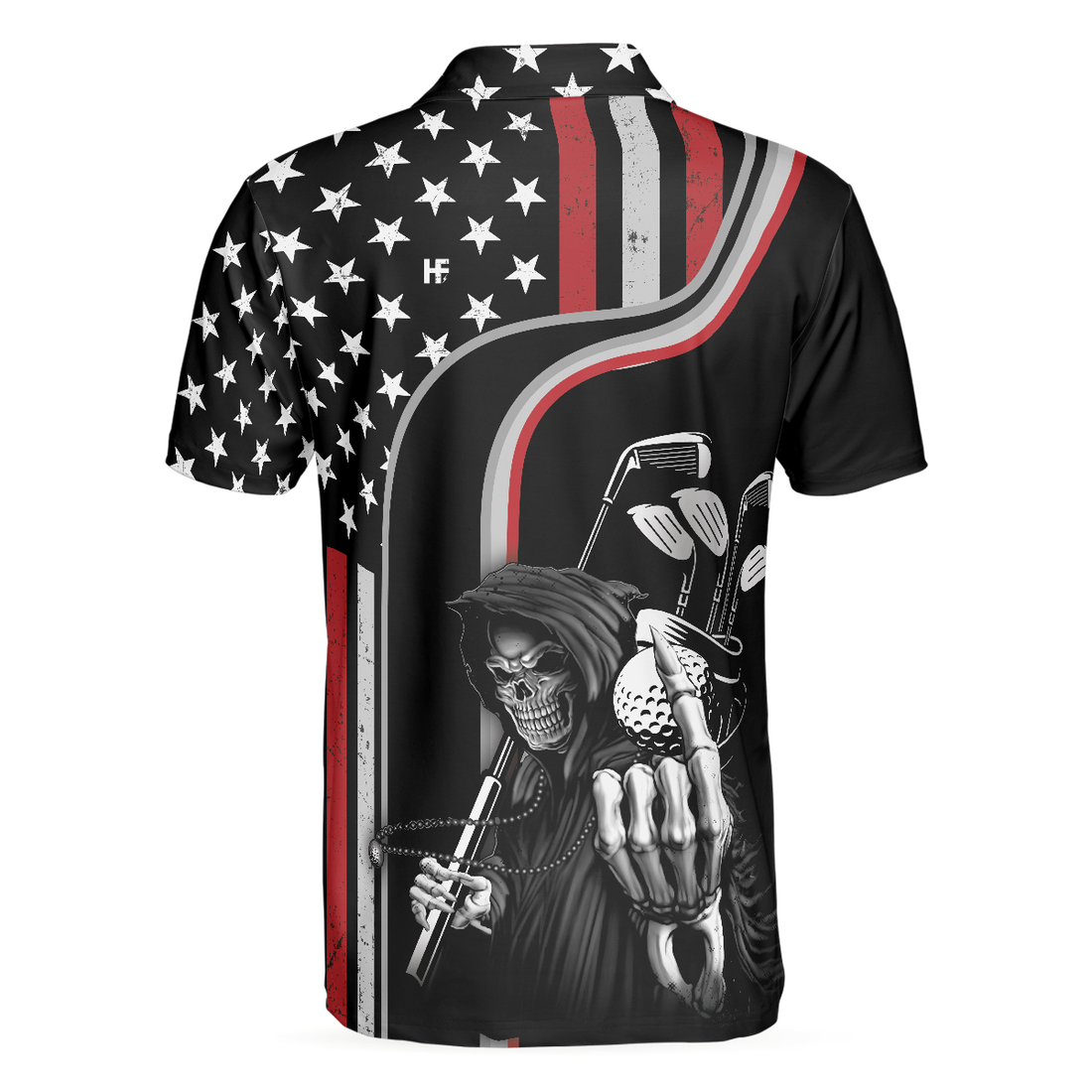 Reaper American Flag Short Sleeve Golf Polo Shirt Black Theme Reaper Golfer Golf Shirt For Men - 1