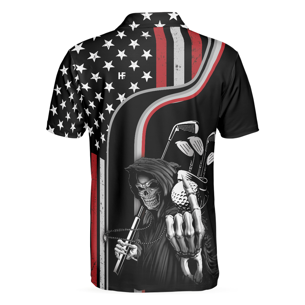 Reaper American Flag Short Sleeve Golf Polo Shirt Black Theme Reaper Golfer Golf Shirt For Men - 2