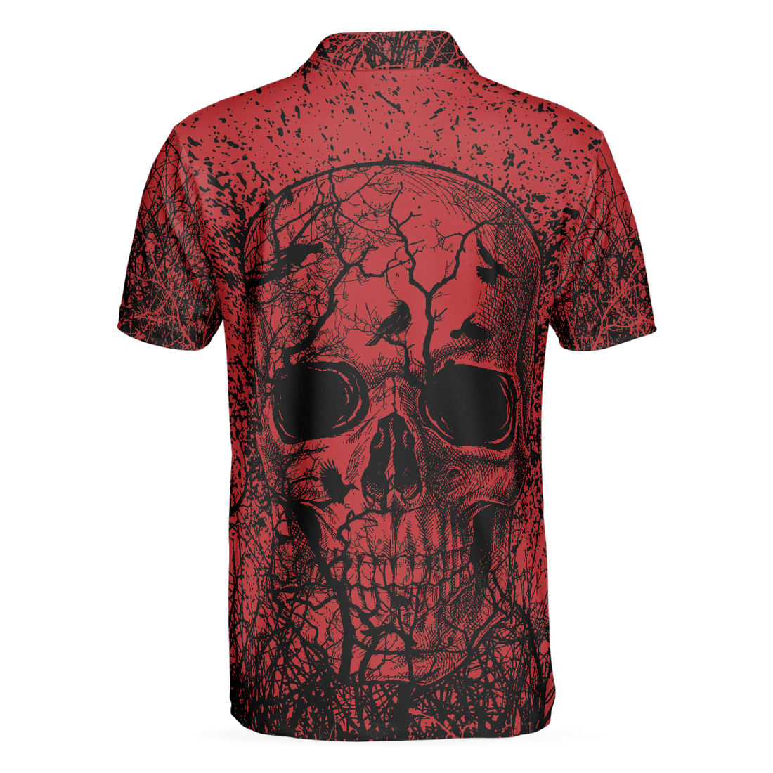 Skull Crow Black And Red Short Sleeve Polo Shirt Dark Forrest Skull Crow Shirt For Men - 1