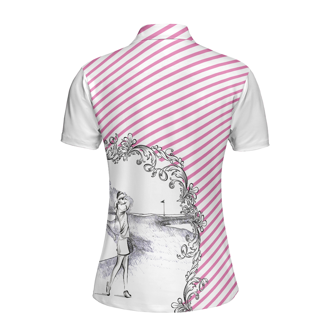 Pink Striped And Sketching Golf Girl Golf Short Sleeve Women Polo Shirt Best Golfing Shirt For Ladies - 1