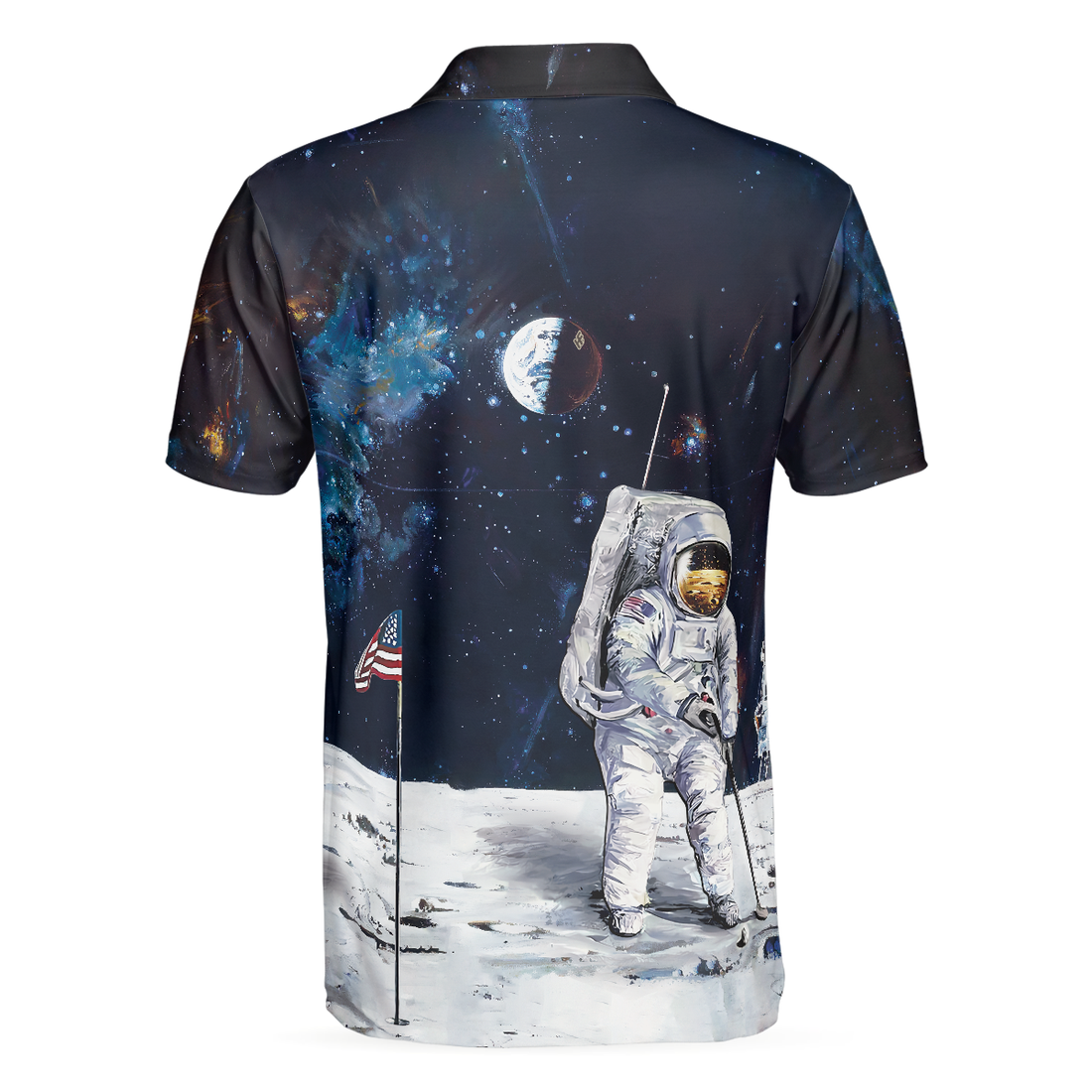 Astronaut Moon Golf Short Sleeve Polo Shirt For Golf American Flag Polo Shirt Best Golf Shirt For Men - 1