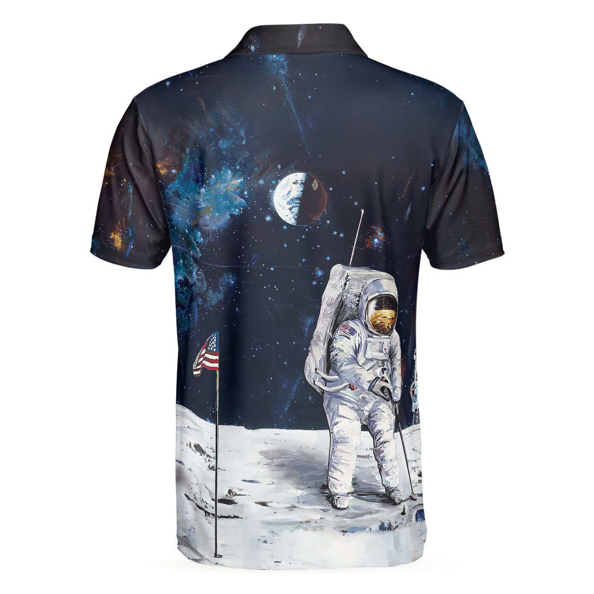 Astronaut Moon Golf Short Sleeve Polo Shirt For Golf American Flag Polo Shirt Best Golf Shirt For Men - 2