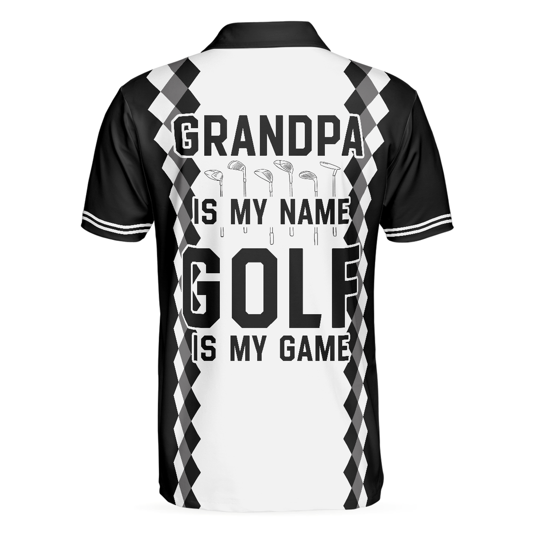 Grandpa Is My Name Golf Is My Game Golf Polo Shirt Black And White Argyle Pattern Golf Shirt For Men - 1