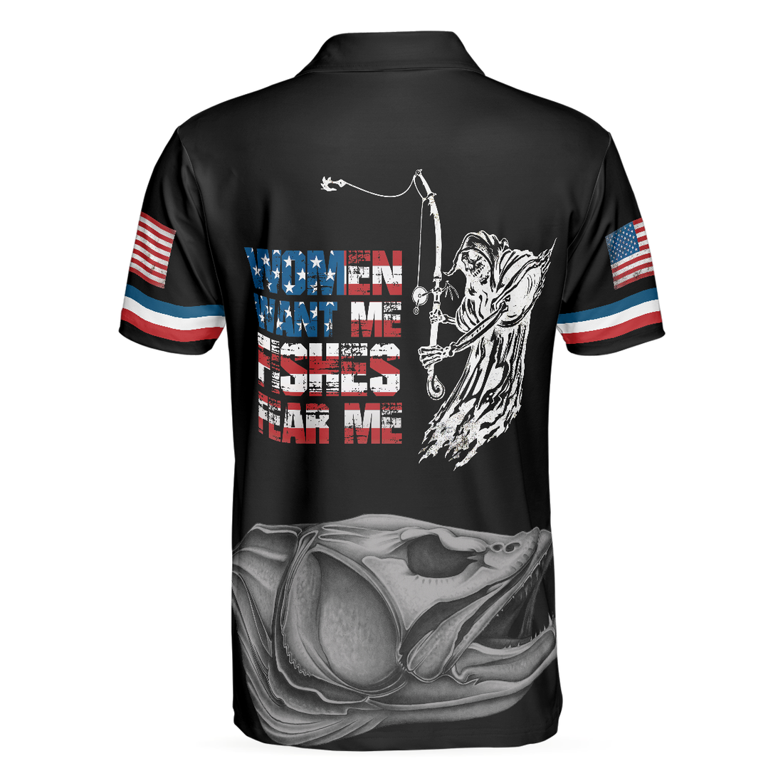 Woman Want Me Fishes Fear Me White Version Polo Shirt Fish Skeleton Reaper American Flag Polo Shirt Best Fishing Shirt For Men - 1