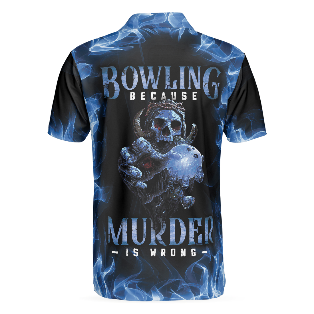 Bowling Murder Polo Shirt Blue Flame Pattern Bowling Polo Shirt Scary Skull Shirt Design For Halloween - 1