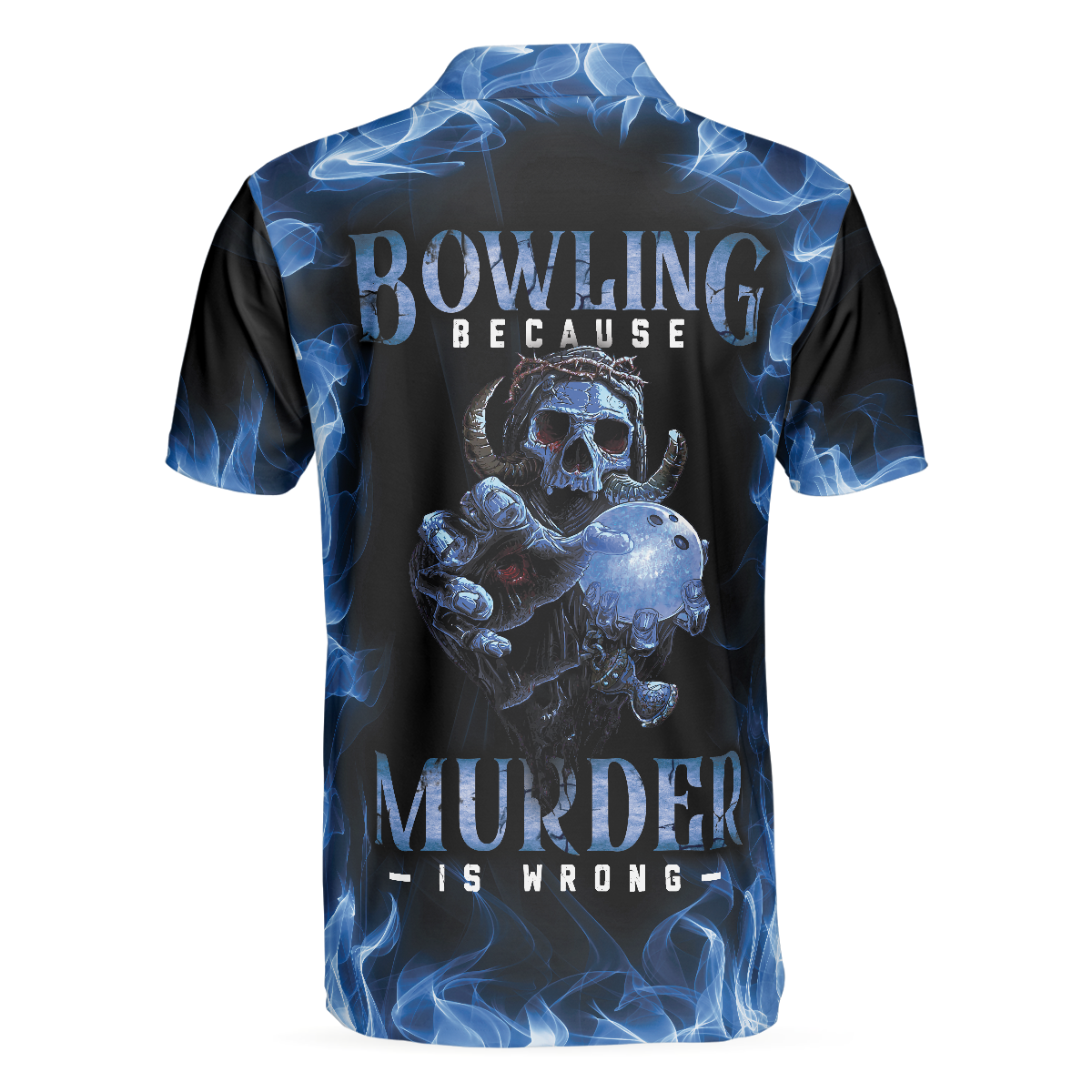 Bowling Murder Polo Shirt Blue Flame Pattern Bowling Polo Shirt Scary Skull Shirt Design For Halloween - 2