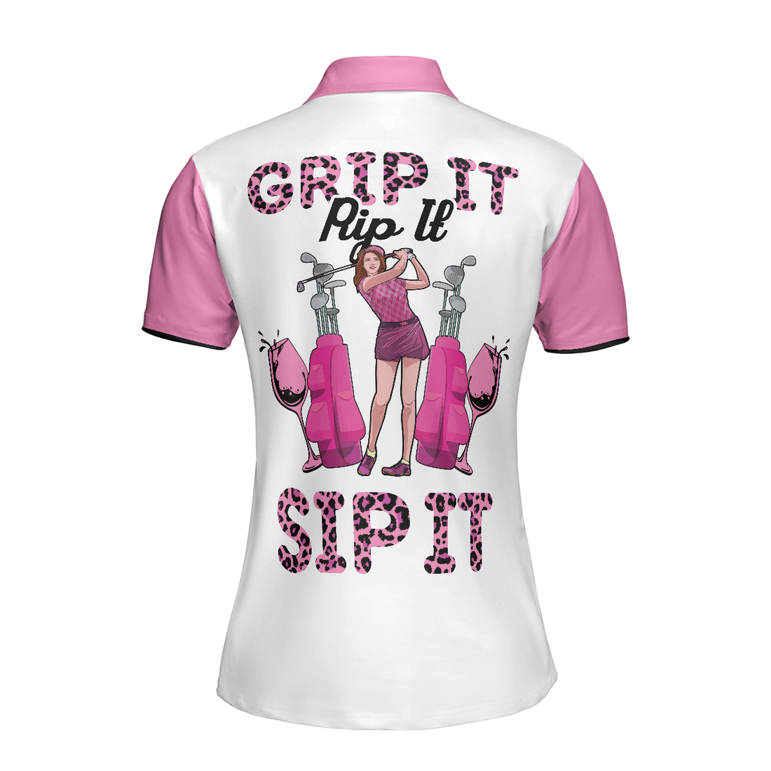 Grip It Rip It Sip It Short Sleeve Women Polo Shirt Pink Leopard Pattern Golf Shirt For Ladies - 1