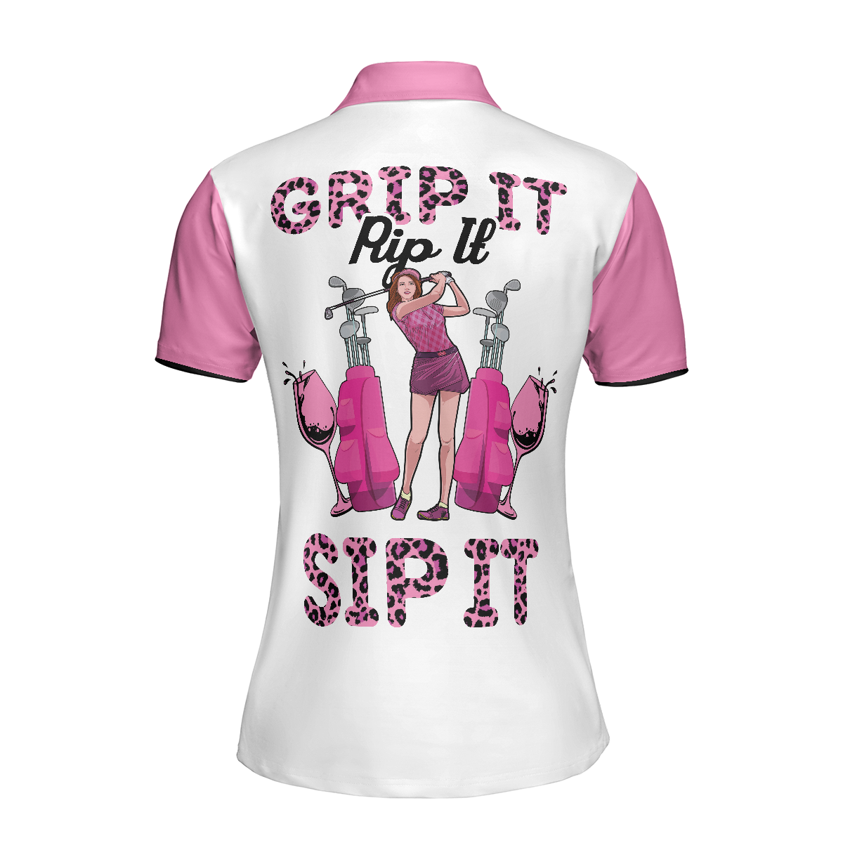 Grip It Rip It Sip It Short Sleeve Women Polo Shirt Pink Leopard Pattern Golf Shirt For Ladies - 2