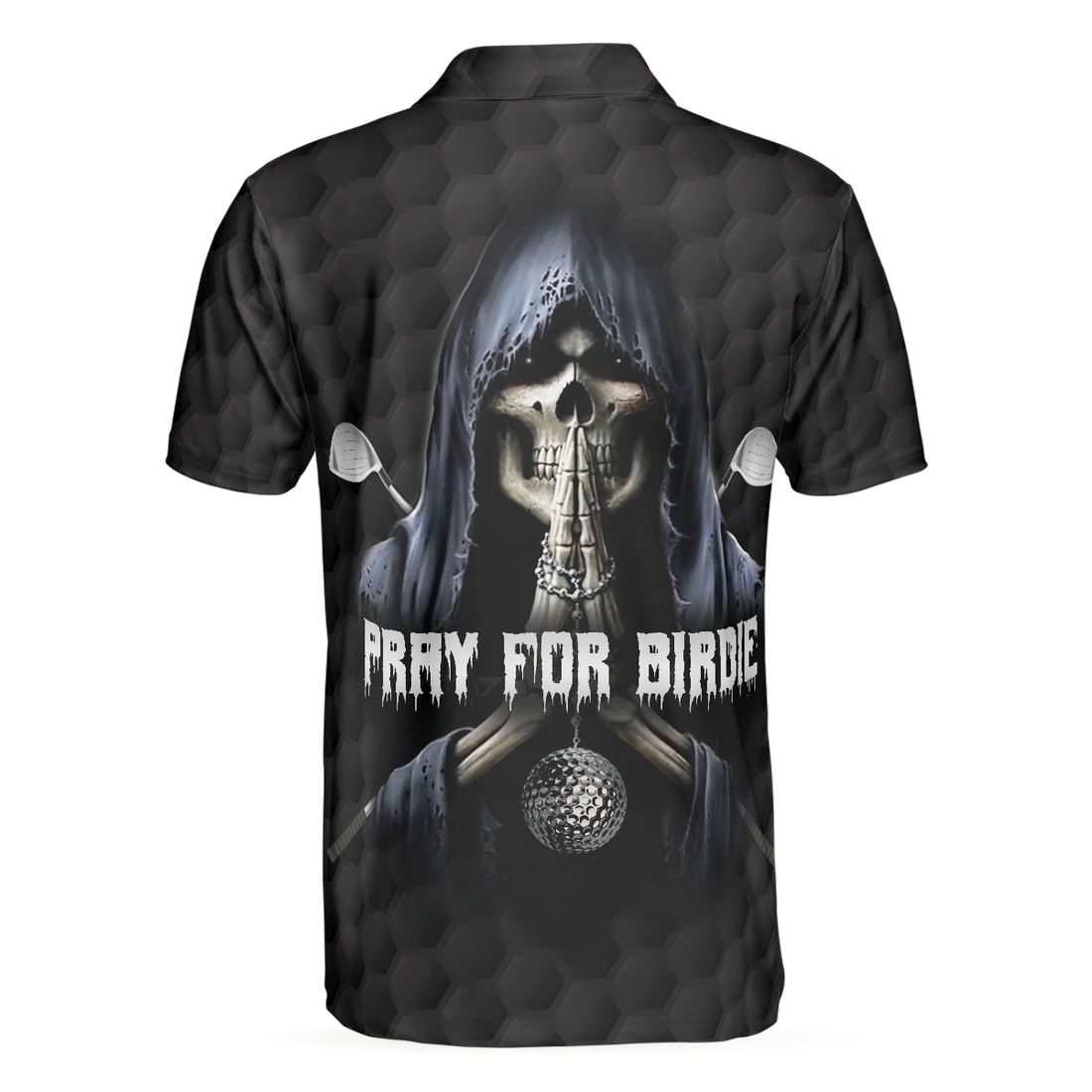 Pray For Birdie Golfing Skeleton Polo Shirt Black Golf Pattern Skull Polo Shirt Best Golf Shirt For Men - 1