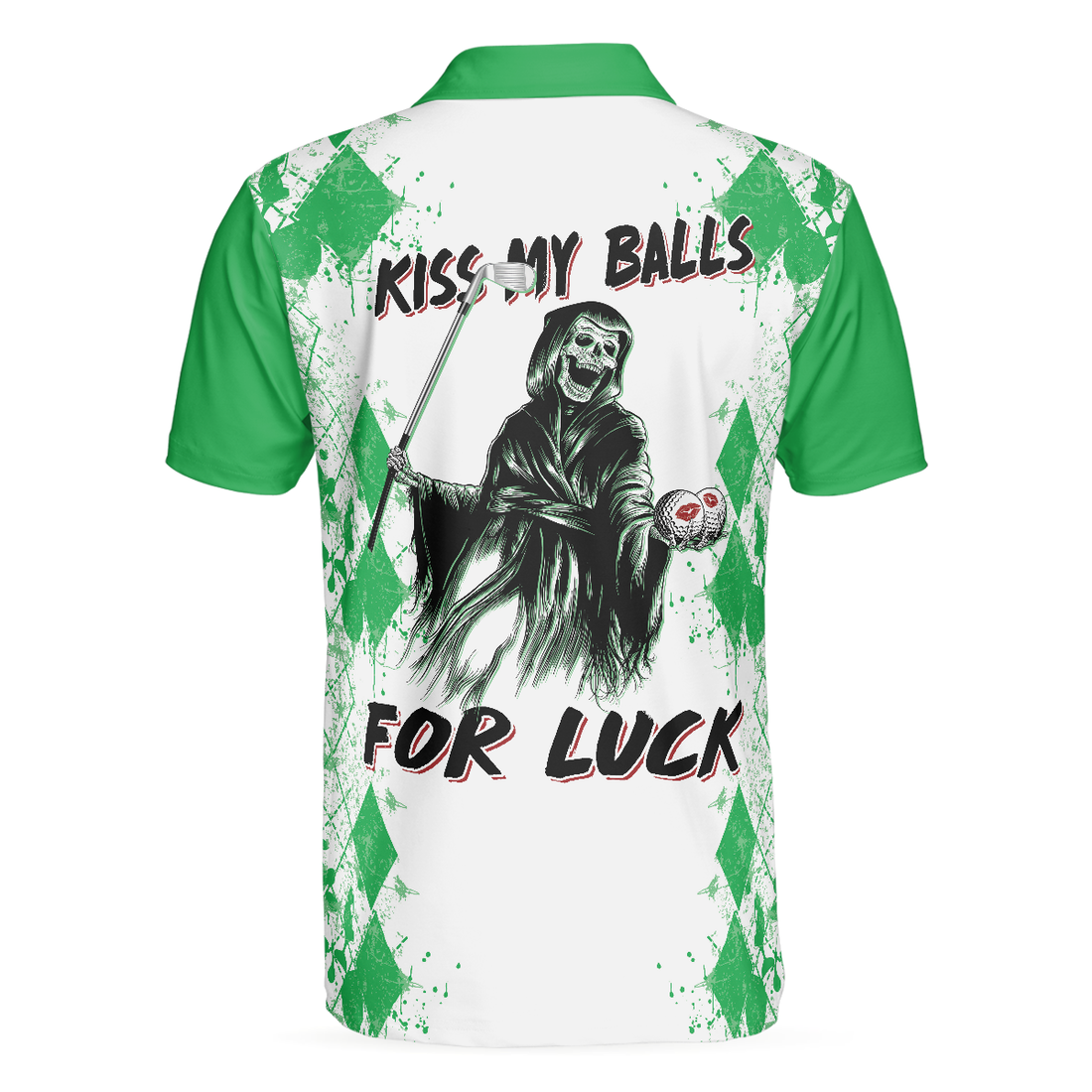 Golf Kiss My Balls Polo Shirt Green Argyle Pattern Golf Shirt Design Scary Halloween Golf Gift For Golfers - 1