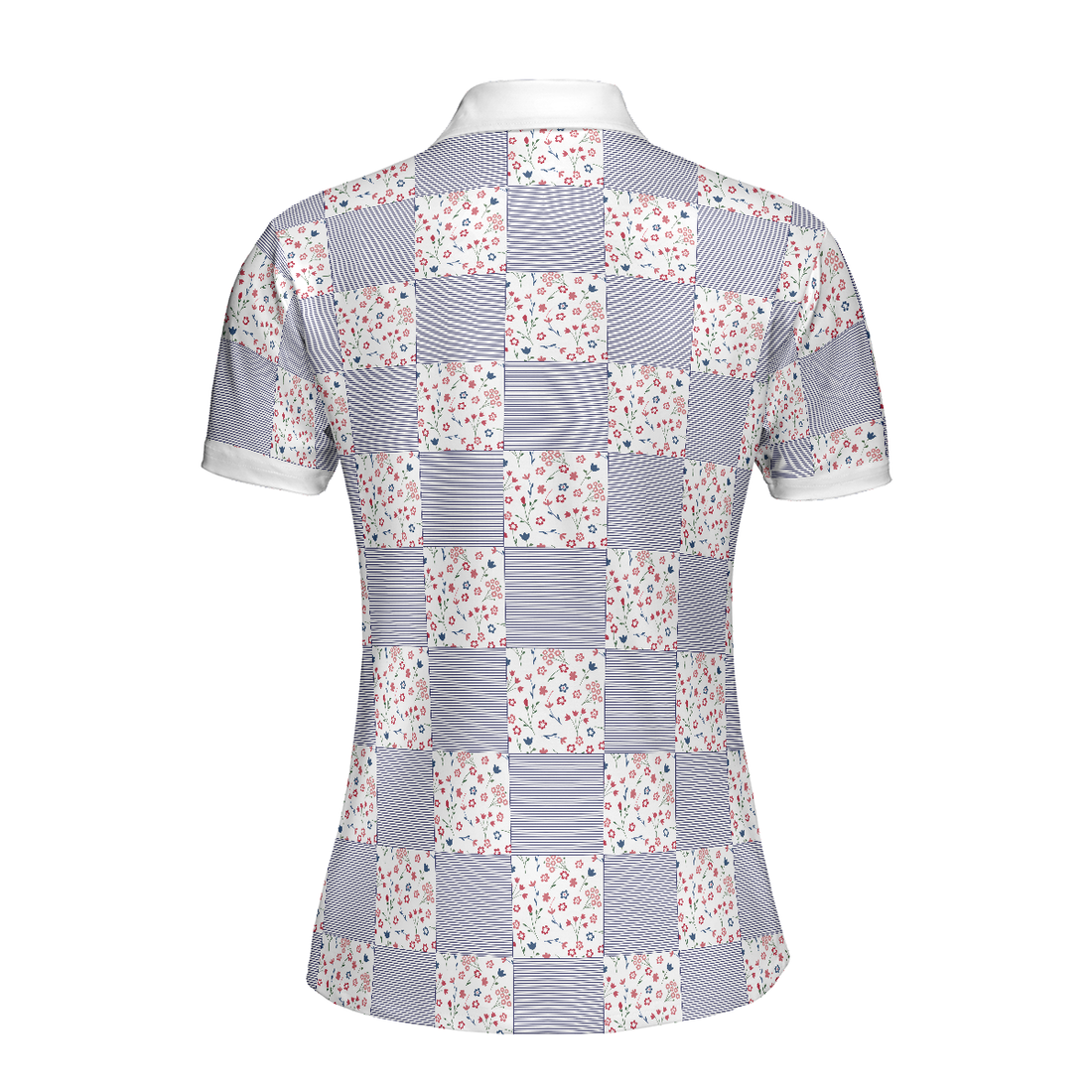 Little Flowers Blue Pink Plaid Short Sleeve Women Polo Shirt - 1