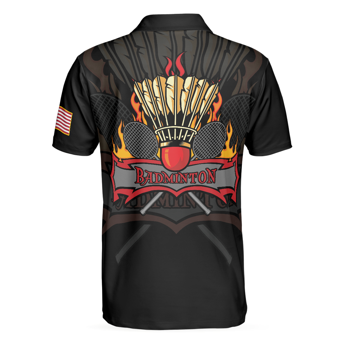 Badminton Flame Short Sleeve Polo Shirt Black Theme American Flag Badminton Polo Shirt Best Badminton Shirt For Men - 2