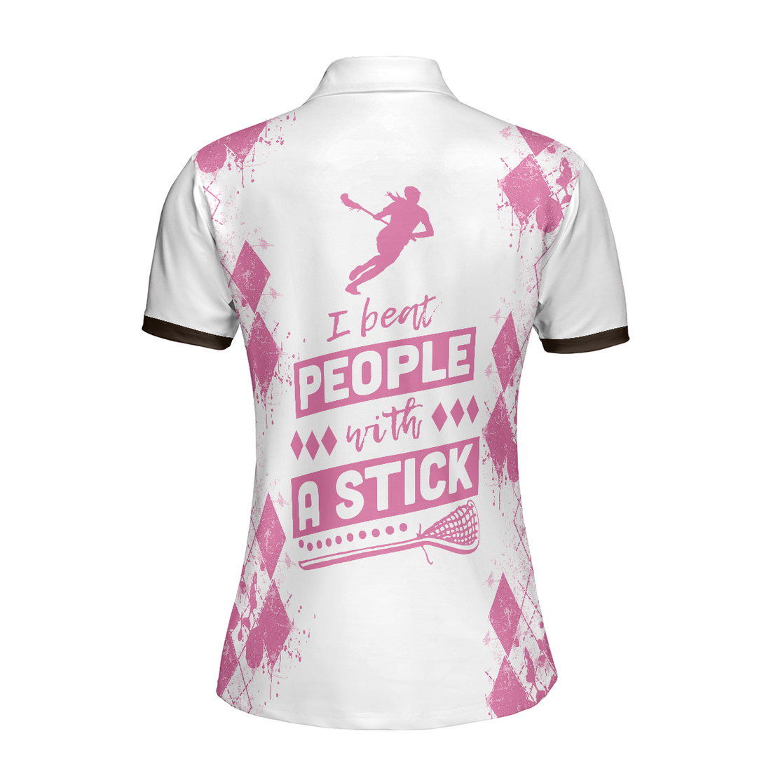 I Beat People With A Stick Lacrosse Short Sleeve Women Polo Shirt White And Pink Lacrosse Shirt For Ladies - 1