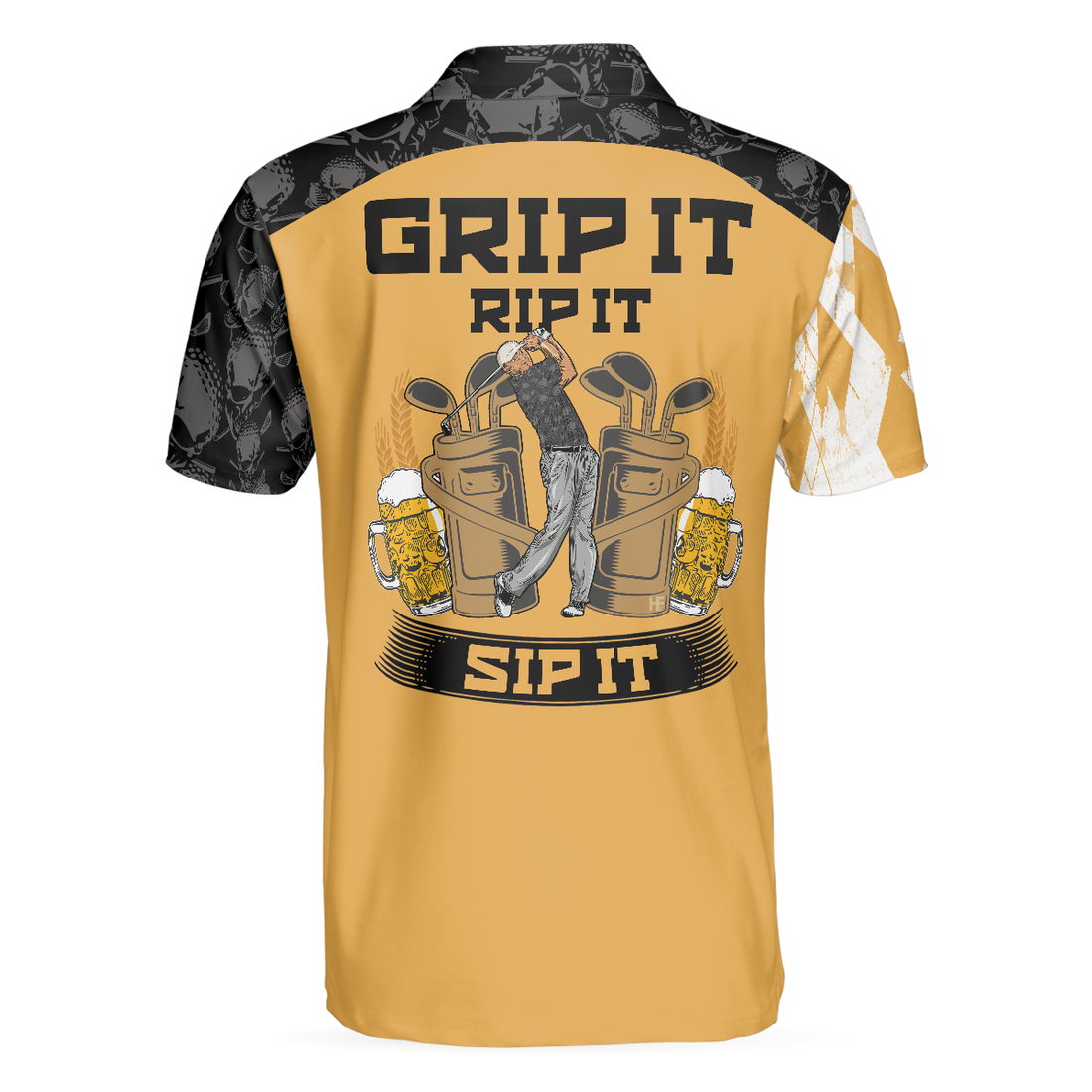 Grip It Rip It Sip It Golf V2 Polo Shirt Yellow Argyle Pattern Golf Shirt Skull Golf Shirt Design - 1