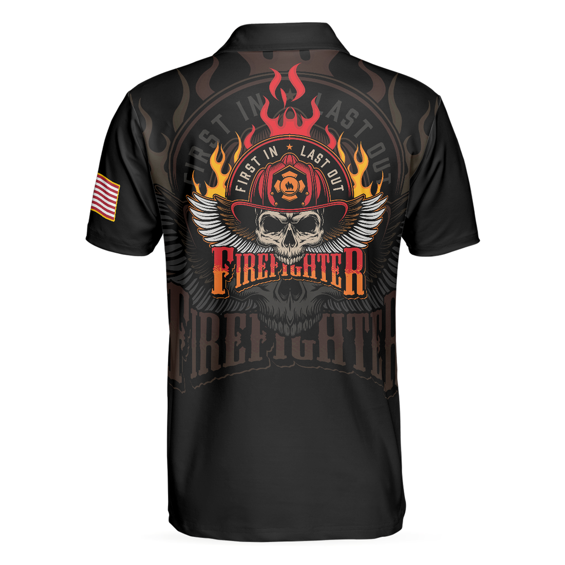 Firefighter Skull Flame Short Sleeve Polo Shirt First In Last Out American Flag Firefighter Shirt For Men - 1