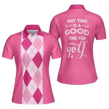 Anytime Is A Good Time For Golf Short Sleeve Women Polo Shirt Pink Argyle Pattern Golf Shirt For Female Golfers - 1