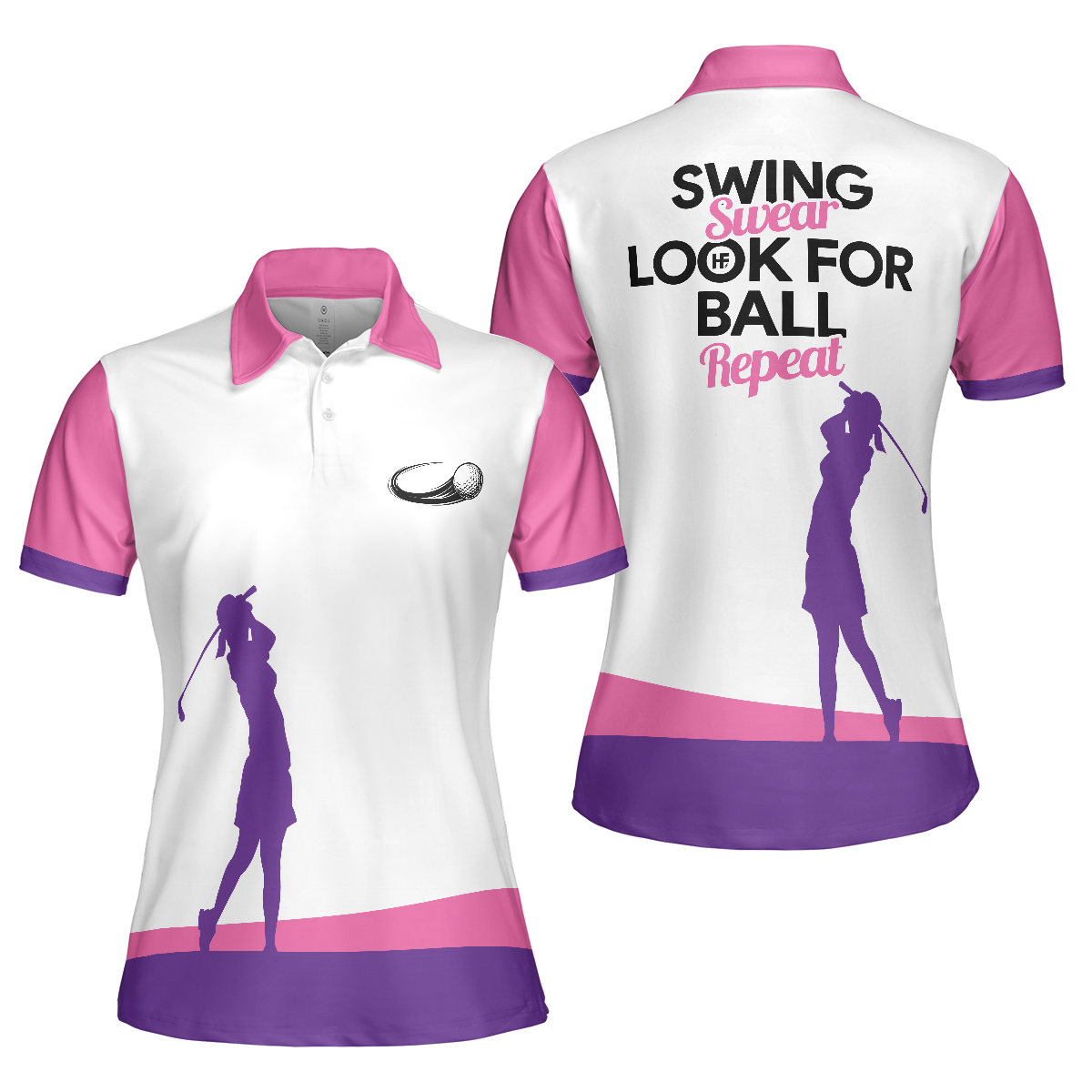 Swing Swear Look For Ball Repeat Golf Short Sleeve Women Polo Shirt White And Pink Golf Shirt For Ladies Unique Female Golf Gift - 1