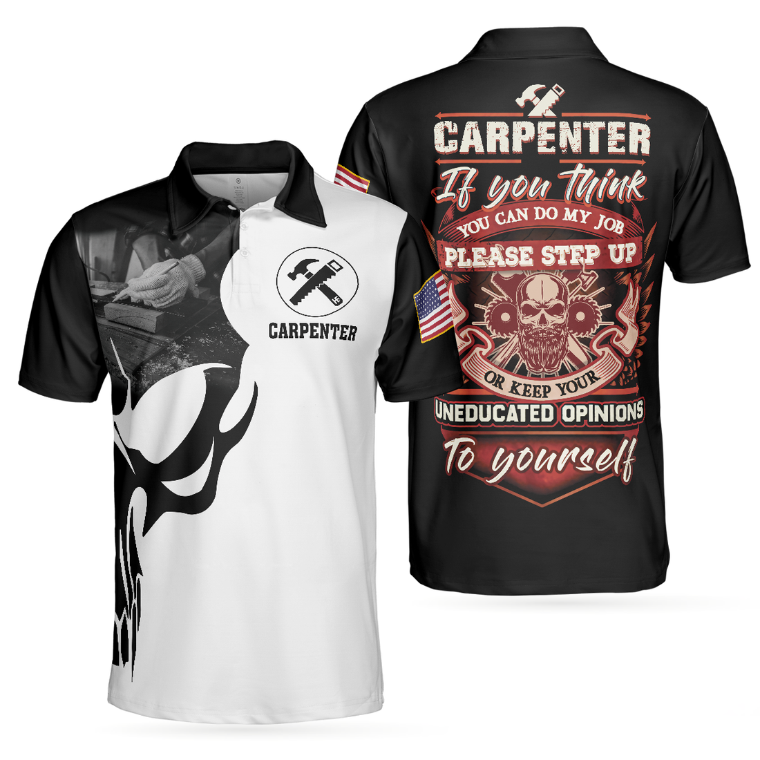 Carpenter Proud Skull Short Sleeve Black And White Polo Shirt American Flag Polo Shirt Best Carpenter Shirt For Men - 1