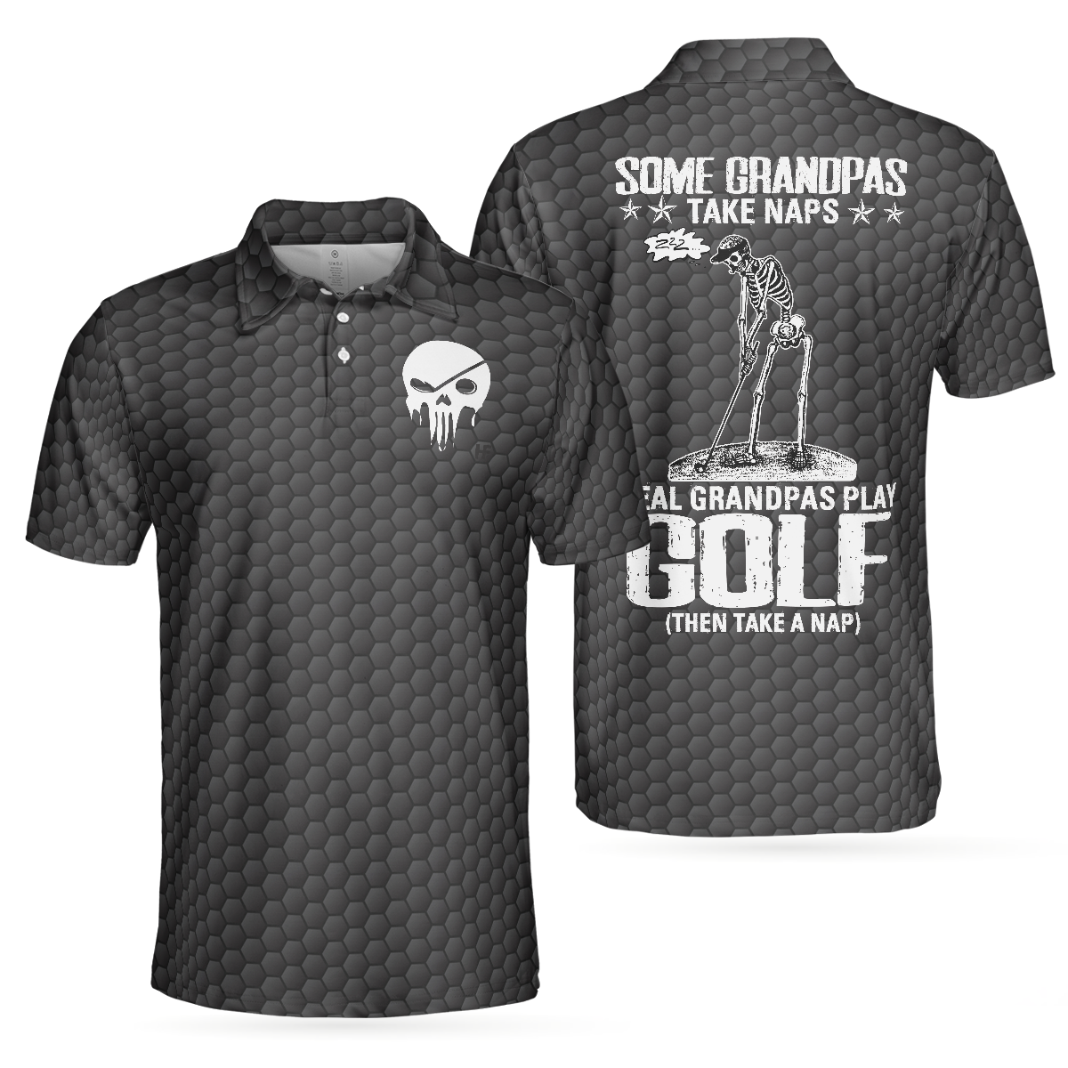 Golf Some Grandpas Polo Shirt Black Golf Seamless Pattern Skeleton Golfer Skull Golf Shirt For Men - 1