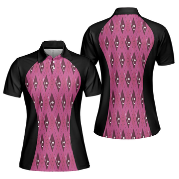 Pink Argyle Thinning Layout For Lady Golfer Golf Short Sleeve Women Polo Shirt Black And Pink Golf Shirt For Ladies - 1