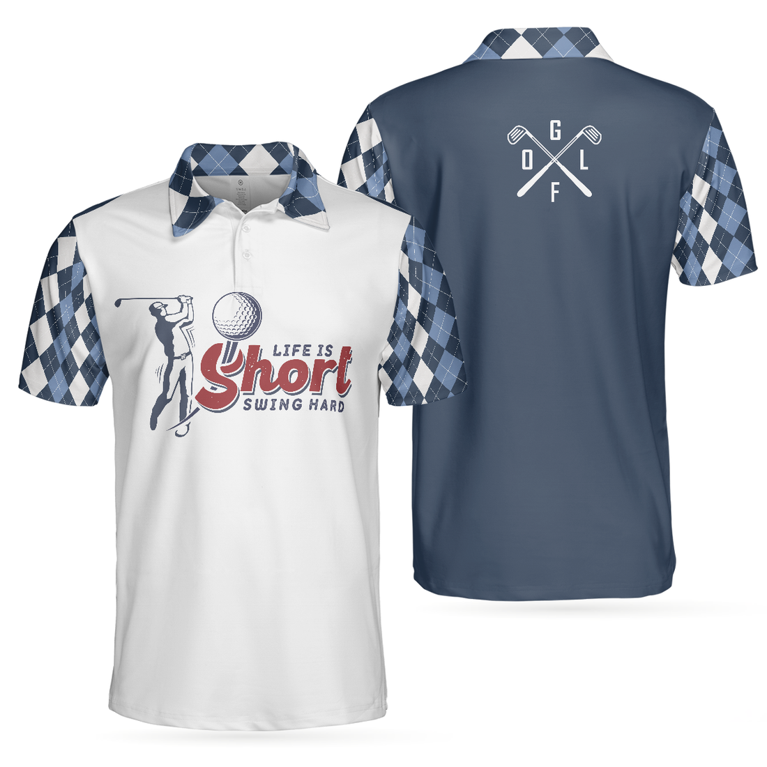 Life Is Short Swing Hard Short Sleeve Polo Shirt Argyle Pattern Polo Shirt Best Golf Shirt For Men - 1