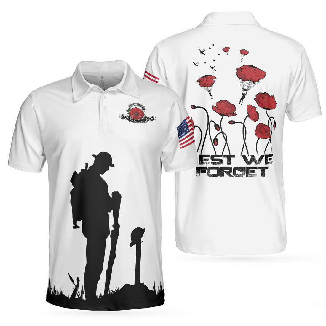 US Veteran Lest We Forget Polo Shirt Military American Flag Golf Shirt For Men - 1