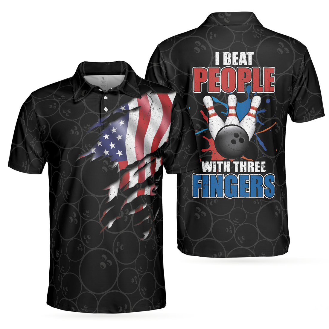 I Beat People With Three Fingers Bowling V2 Polo Shirt Black Bowling Sayings Shirt American Flag Bowling Shirt - 1