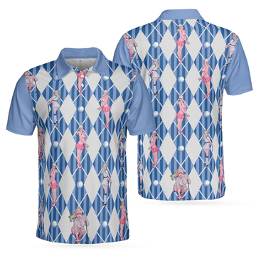 Blue Hot Golf Short Sleeve Polo Shirt Argyle Pattern Fun Golf Shirt For Men - 1