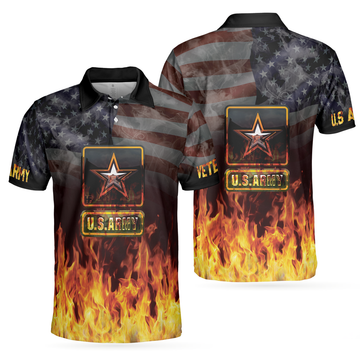 US Army Veteran And Flame Polo Shirt American Flag Veteran Shirt For Retired Veterans Flame Veteran Shirt - 1