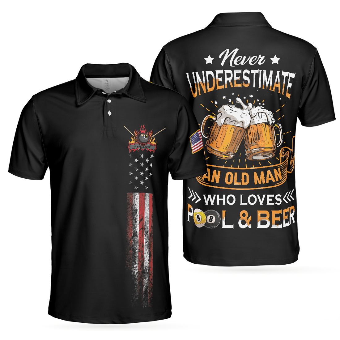 Never Underestimate An Old Man Who Loves Pool And Beer Polo Shirt Black American Flag Billiards Shirt For Men - 1