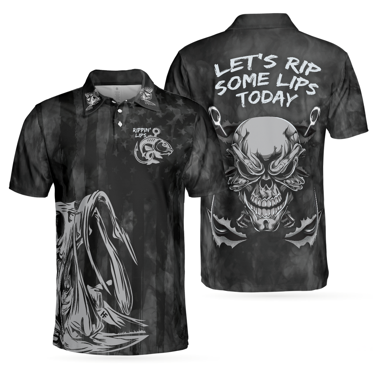 Rippin Lips Skull Fish Skeleton Fishing Polo Shirt Black Fish Hook Polo Shirt Best Fishing Shirt For Men - 1