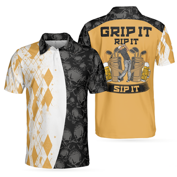 Grip It Rip It Sip It Golf V2 Polo Shirt Yellow Argyle Pattern Golf Shirt Skull Golf Shirt Design - 1