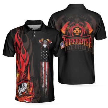 Firefighter Skull Flame Short Sleeve Polo Shirt Black American Flag Firefighter Shirt For Men - 1