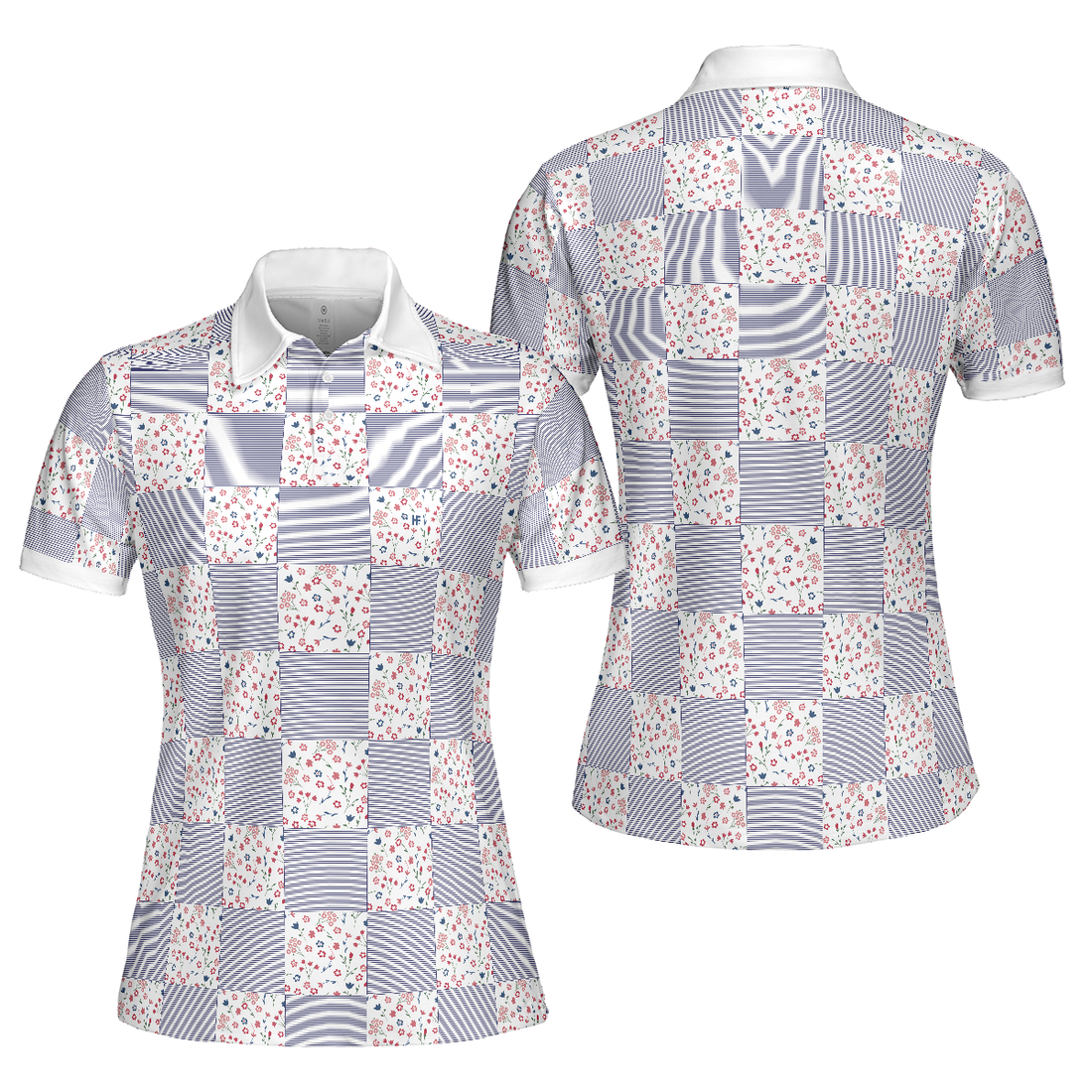 Little Flowers Blue Pink Plaid Short Sleeve Women Polo Shirt - 1