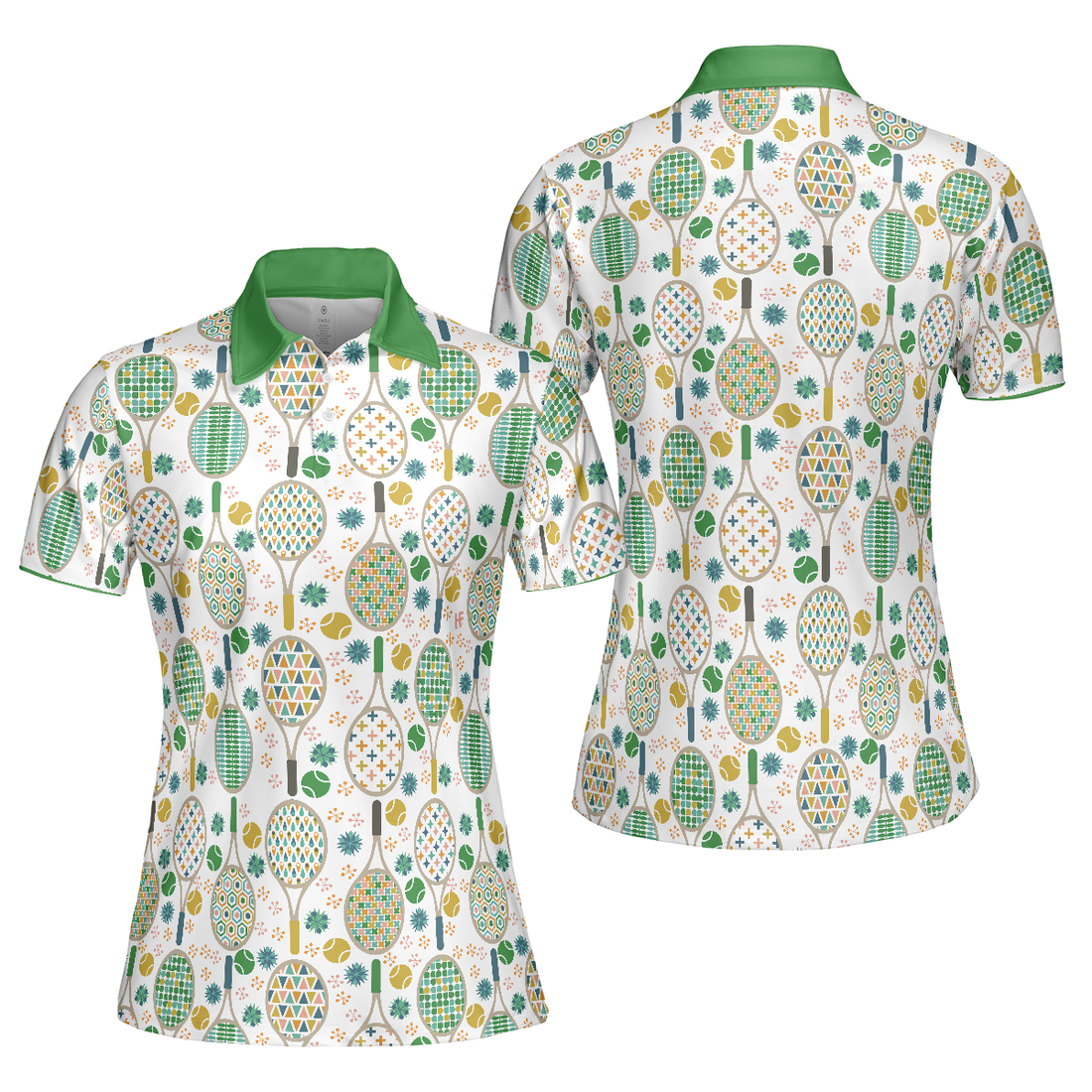 Green And Golden Tennis Pattern Short Sleeve Women Polo Shirt - 1