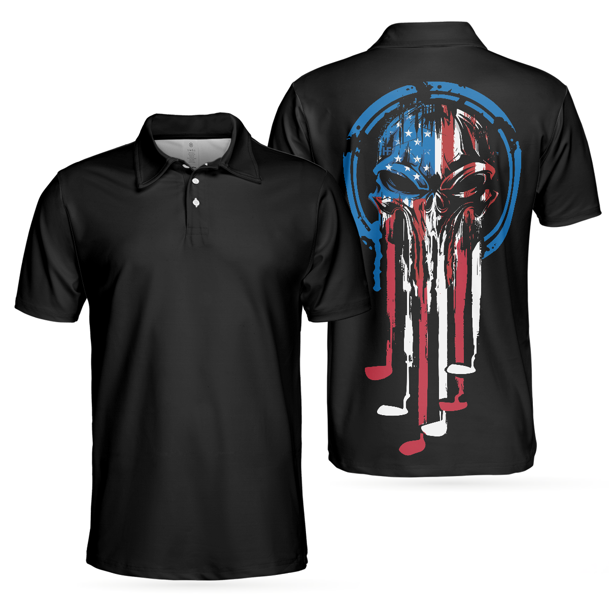 American Skull Golf Clubs Set Short Sleeve Black Golf Polo Shirt Wet Paint American Flag Polo Shirt Best Golf Shirt For Men - 1