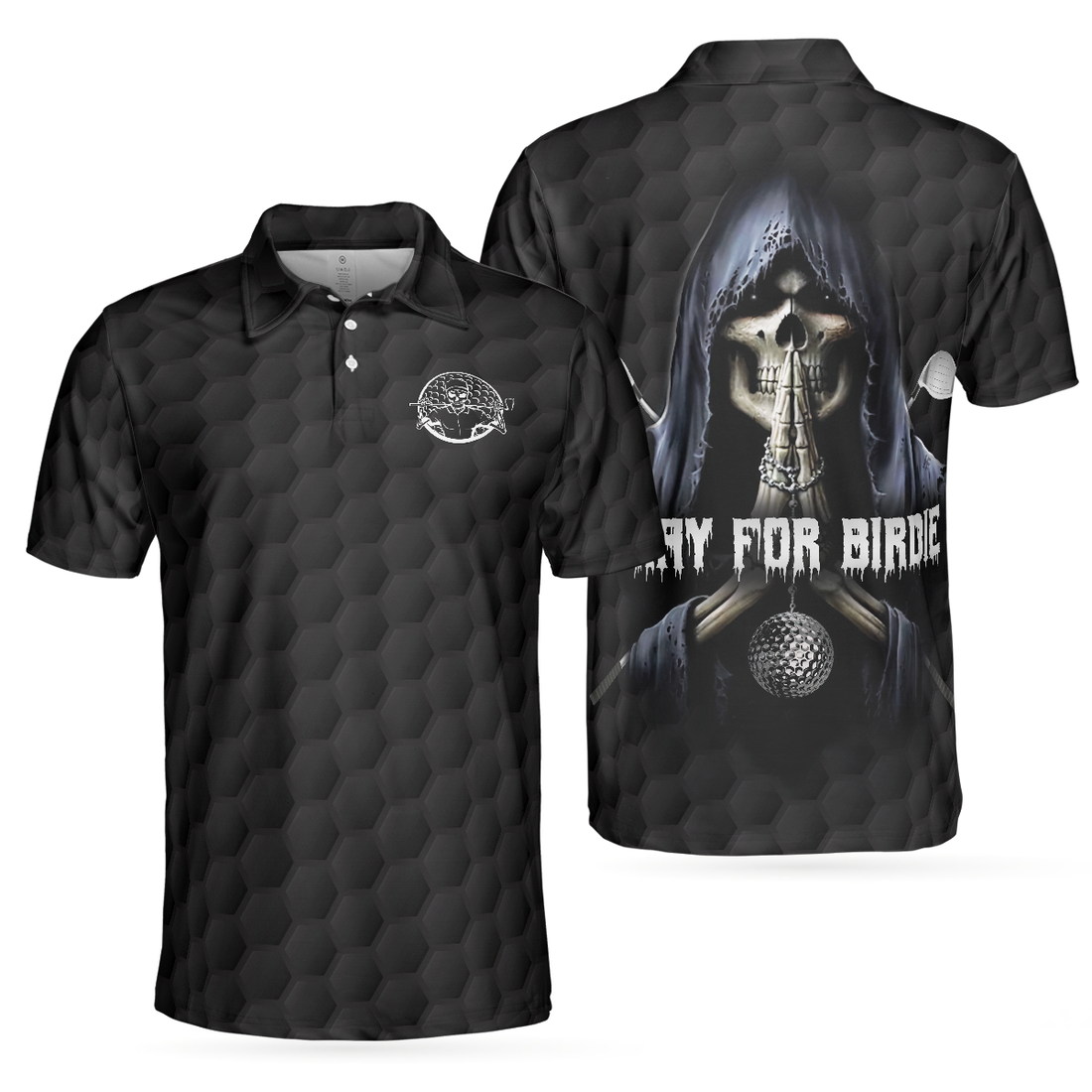 Pray For Birdie Golfing Skeleton Polo Shirt Black Golf Pattern Skull Polo Shirt Best Golf Shirt For Men - 1