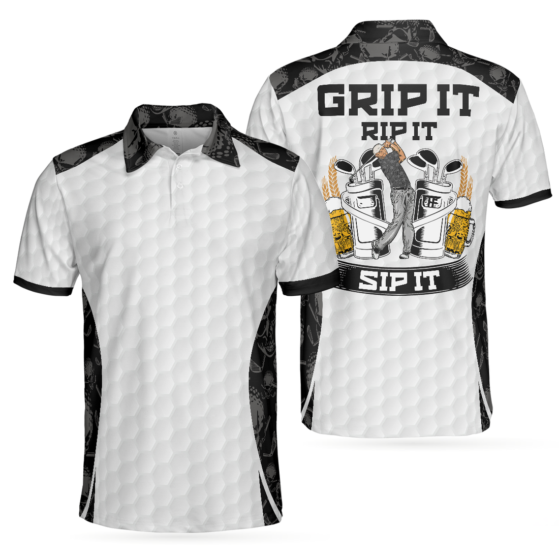 Grip It Rip It Sip It Golf White Polo Shirt Skull Pattern Shirt For Christmas Scary Gift Idea For Golfers - 1