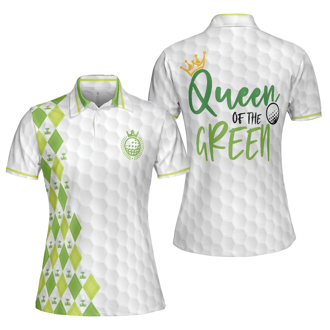 Queen Of The Green Argyle Pattern With Golf Ball On Tee Short Sleeve Women Polo Shirt White And Green Golf Shirt For Ladies - 1