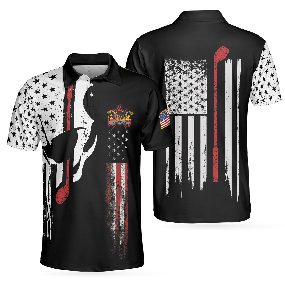 Skull American Flag With Golf Club Polo Shirt Black And White American Flag Polo Shirt Patriotic Golf Shirt For Men - 1