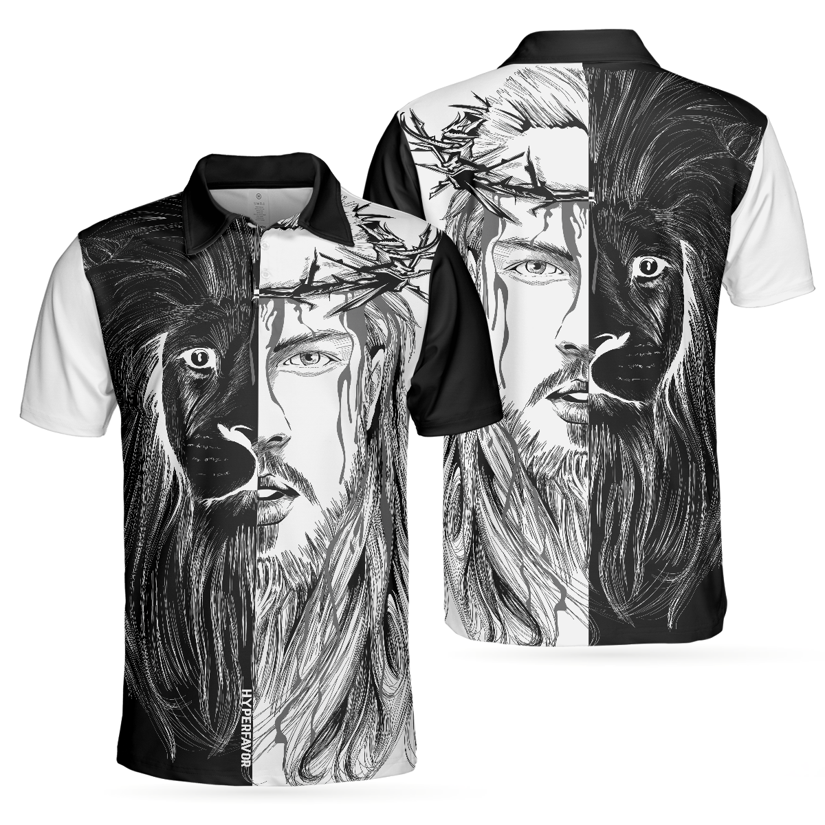 Jesus Christ Lion Contrast Art Christian Polo Shirt Black And White Christian Shirt For Men - 1