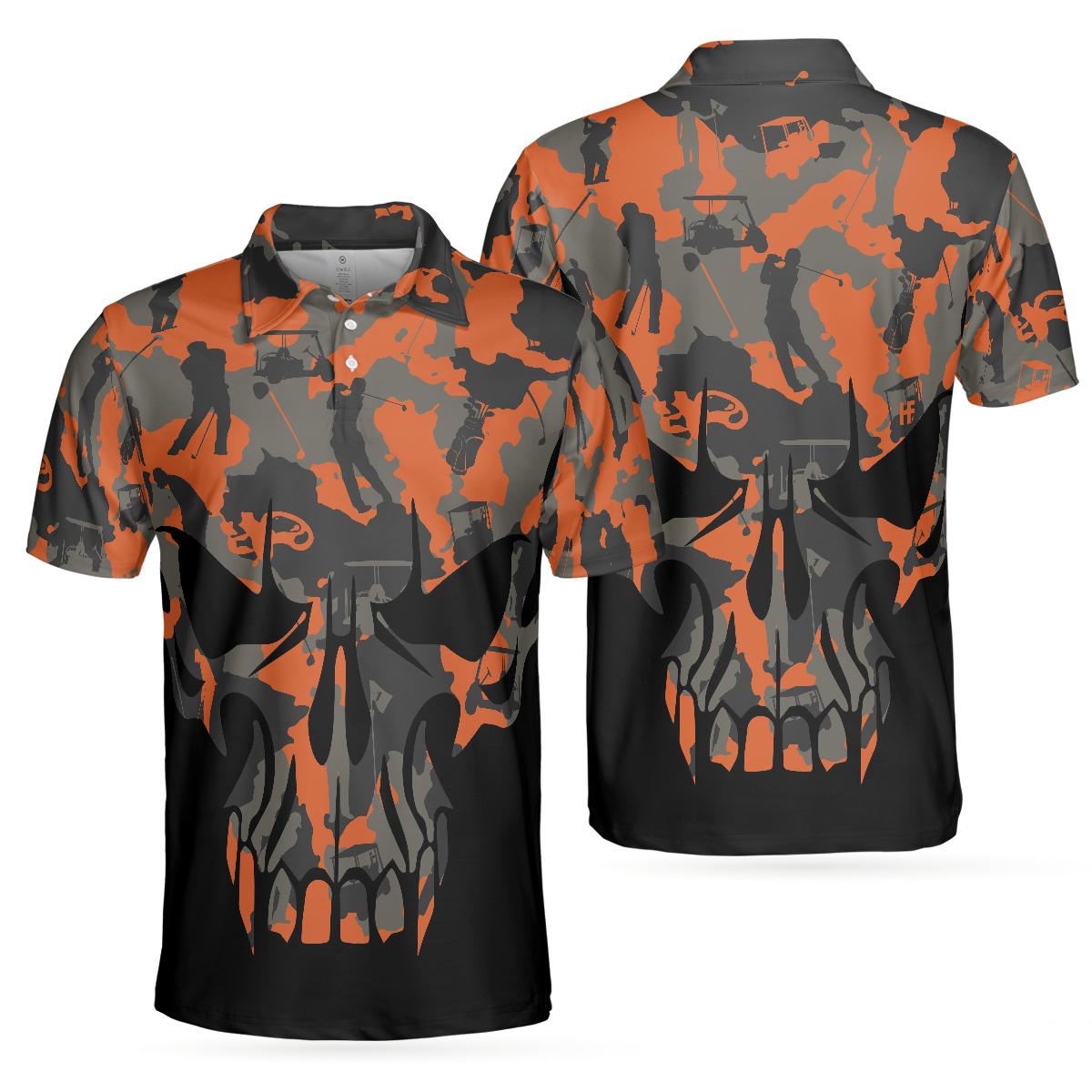 Orange Camouflage Golf Set Skull Golf Polo Shirt Golfer Silhouette Pattern Polo Shirt Camo Golf Shirt For Men - 1