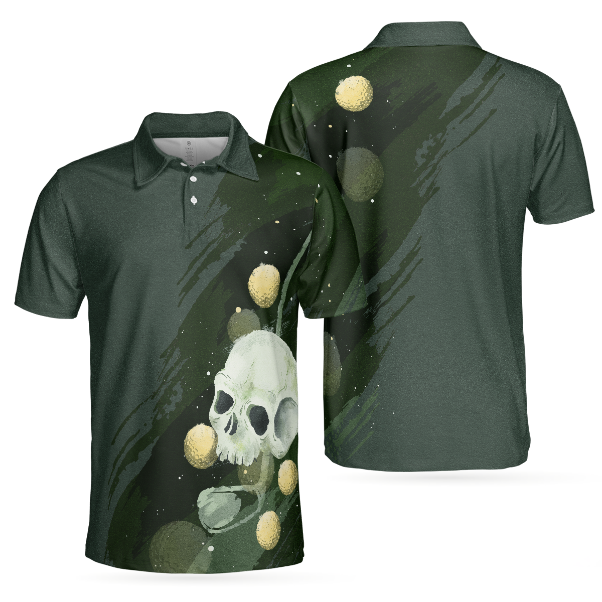 Water Color Golf Skull with Golf Ball Short Sleeve Polo Shirt Dark Green Golf Shirt For Men - 1