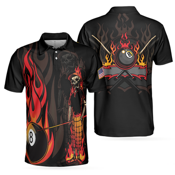 Mr Bones 8 Ball American Flag Billiards Skull Short Sleeve Polo Shirt Cool Skeleton Billiards Shirt For Men - 1