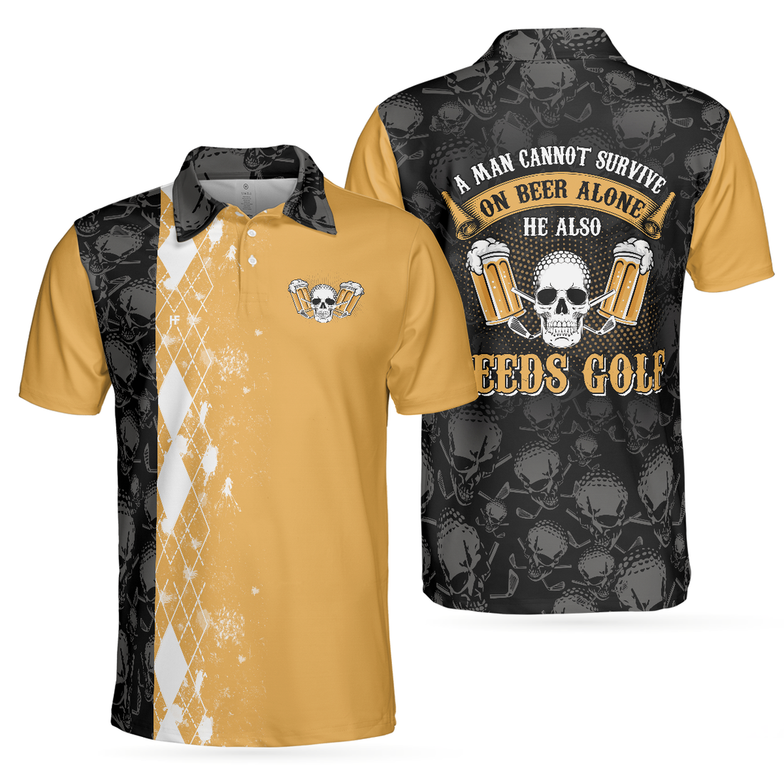 A Man Cannot Survive On Beer Alone He Also Needs Golf Polo Shirt Skull Beer Drinking Golf Shirt Argyle Pattern Shirt - 1