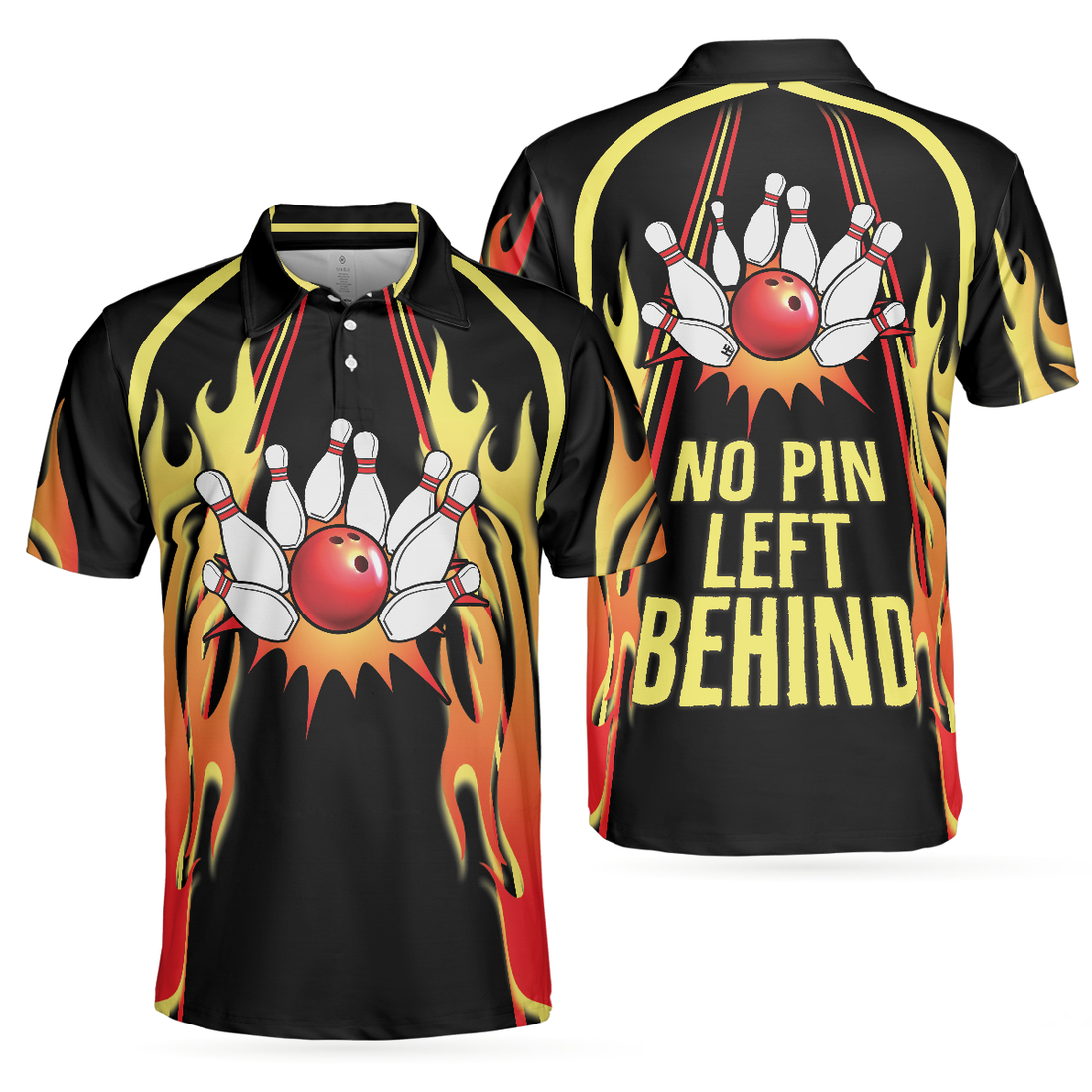 No Pin Left Behind Bowling Polo Shirt Black Shirt With Flames Polo Style Bowling Shirt For Men - 1