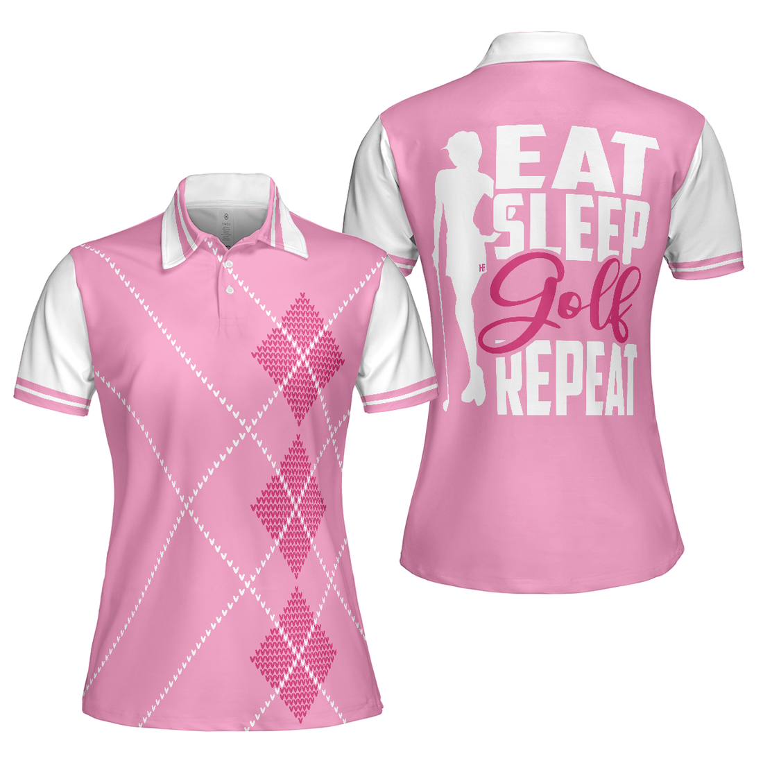 Eat Sleep Golf Repeat Golf Short Sleeve Women Polo Shirt Pink Argyle Golf Shirt For Ladies - 1