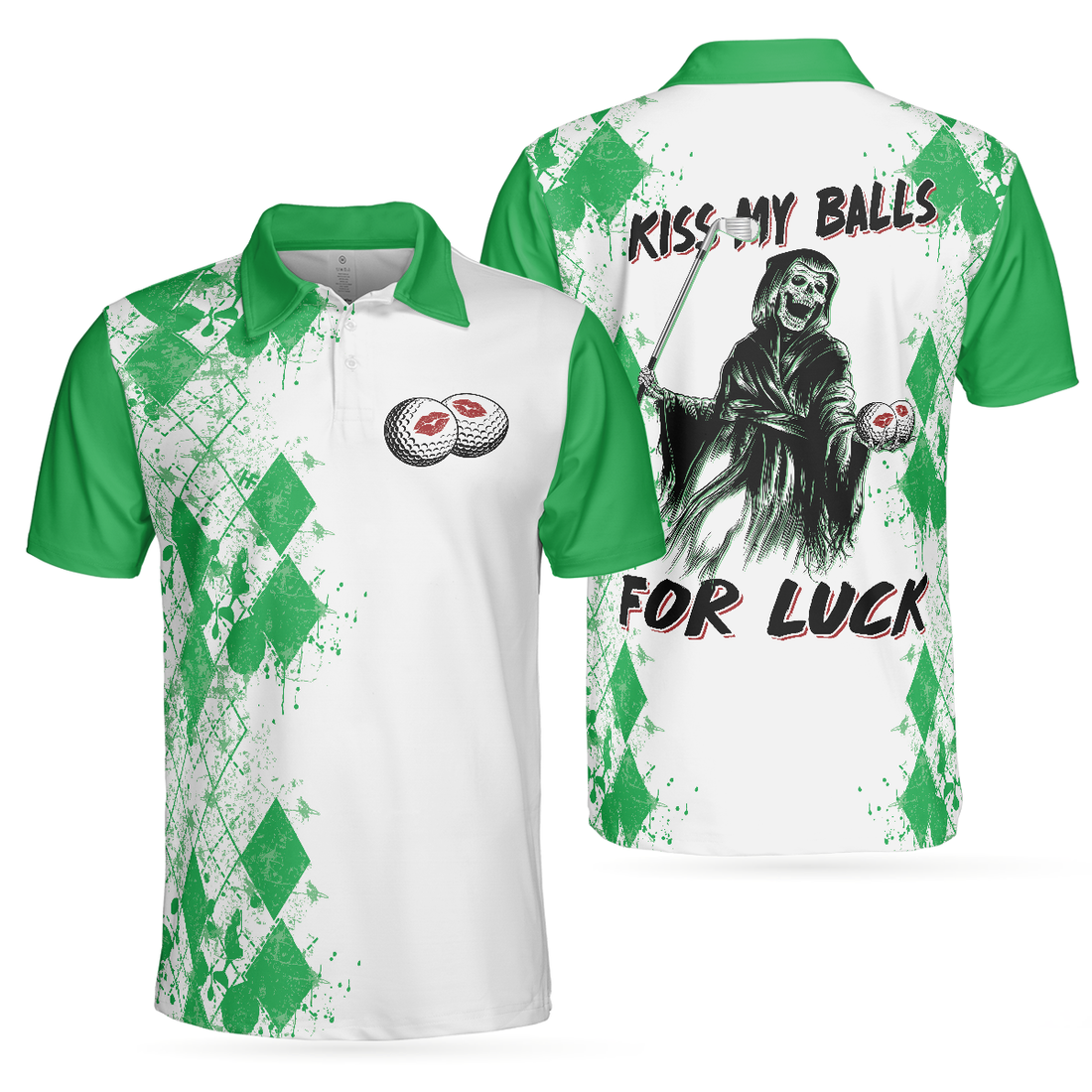 Golf Kiss My Balls Polo Shirt Green Argyle Pattern Golf Shirt Design Scary Halloween Golf Gift For Golfers - 1