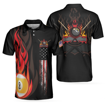 Flame 9 Ball Billiards Pool Polo Shirt American Flag Billiards Shirt For Men Gift For Pool Players - 1